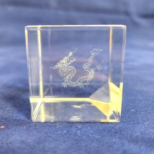 Chinese Dragon Cube Crystal Glass Etched Paperweight